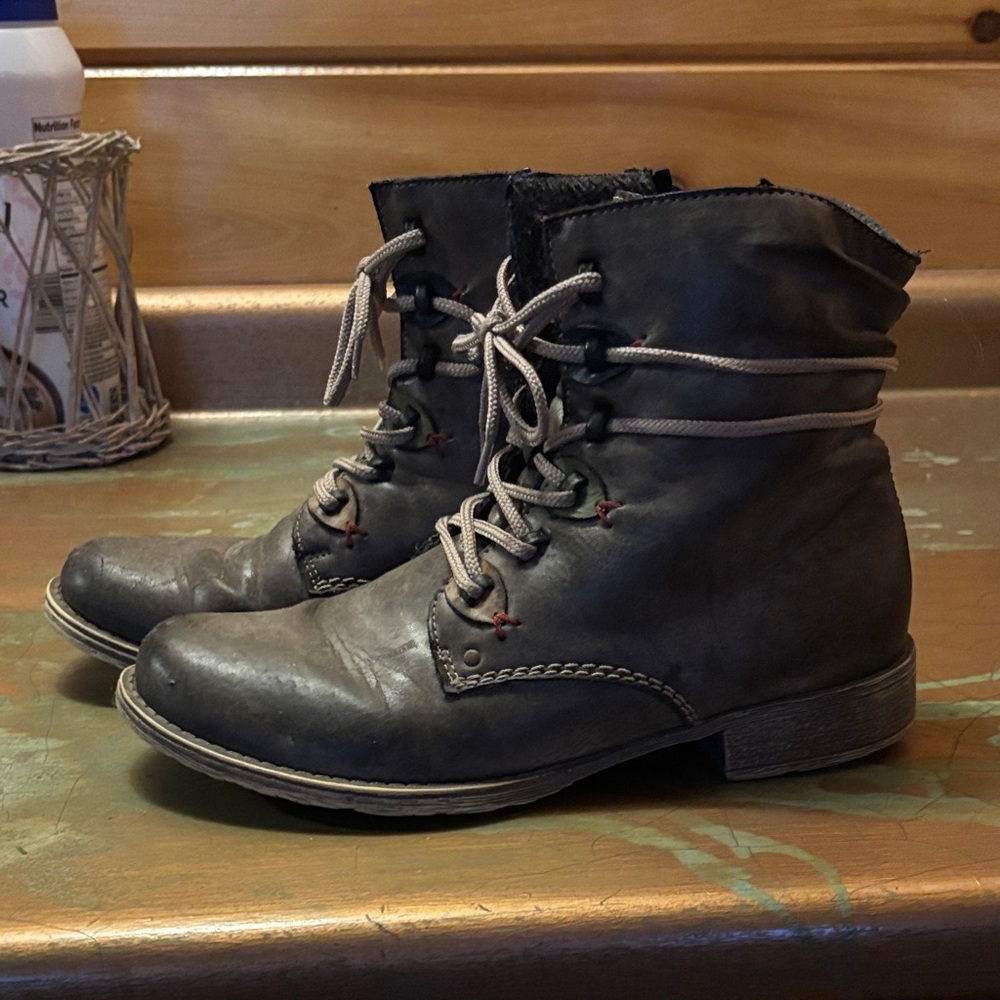 Rieker Black Lace-Up Heeled Boots